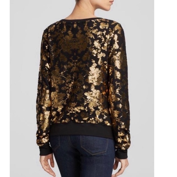 Wildfox Metallic Gold Foil Rose Pattern Print Black Crewneck Sweatshirt - Picture 8 of 16